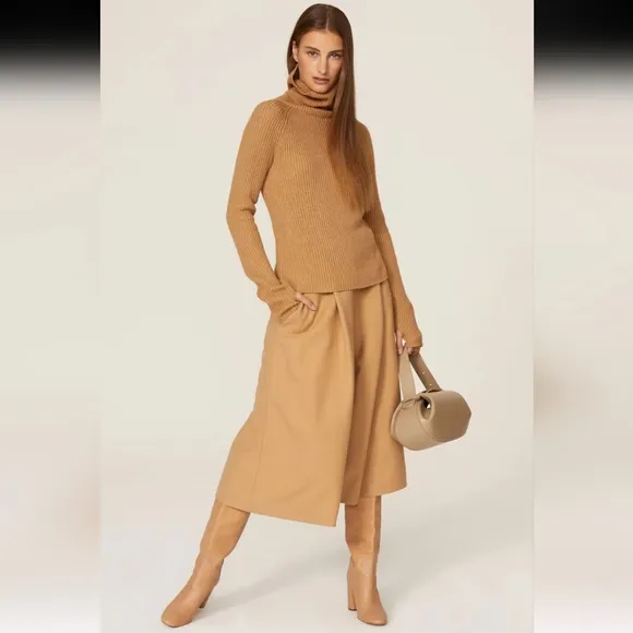Kaufman Franco Tan Ribbed Zip-Back Turtleneck Sweater Size XS