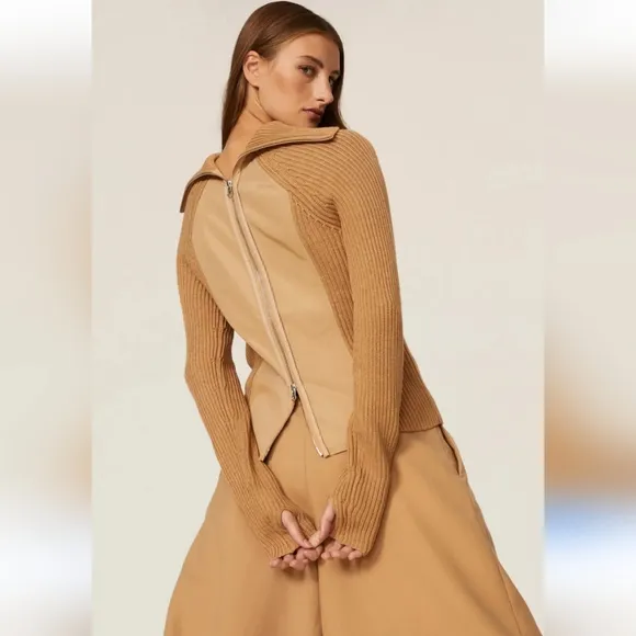 Kaufman Franco Tan Ribbed Zip-Back Turtleneck Sweater Size XS